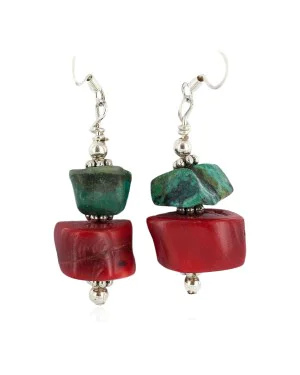 .925 Sterling Silver Hooks Certified Authentic Navajo Natural Turquoise Coral Native American Dangle Earrings 18294-20