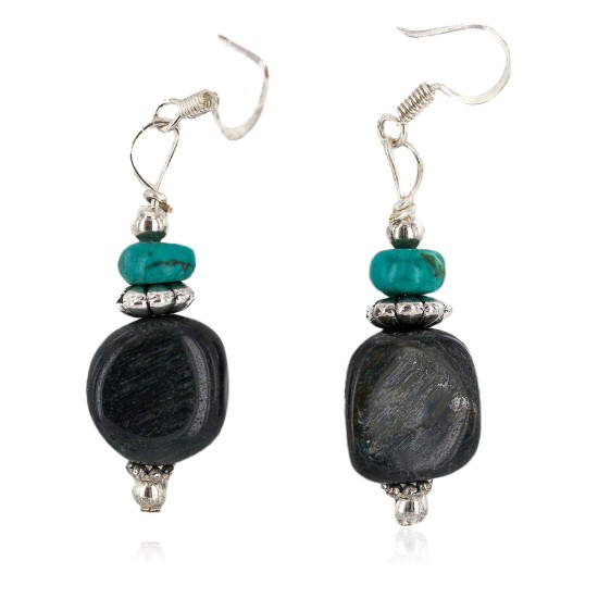 .925 Sterling Silver Hooks Certified Authentic Navajo Natural Turquoise Green Jasper Native American Dangle Earrings 18251-1 All Products NB160506201136 18251-1 (by LomaSiiva)