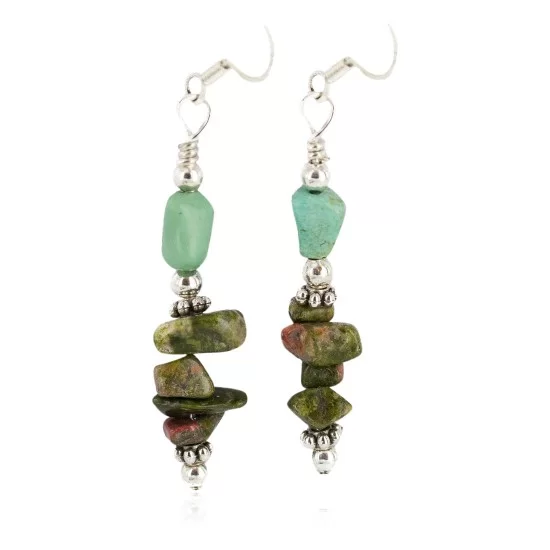 .925 Sterling Silver Hooks Certified Authentic Navajo Natural Turquoise Green Jasper Native American Dangle Earrings 18294-9 .925 Sterling Silver Hooks Certified Authentic Navajo Natural Turquoise Green Jasper Native American Dangle Earrings 18294-9