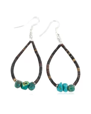 .925 Sterling Silver Hooks Certified Authentic Navajo Natural Turquoise Heishi Hoop Native American Earrings 18258