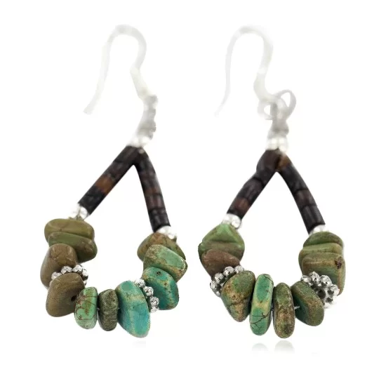 .925 Sterling Silver Hooks Certified Authentic Navajo Natural Turquoise Heishi Hoop Native American Earrings 18263-1