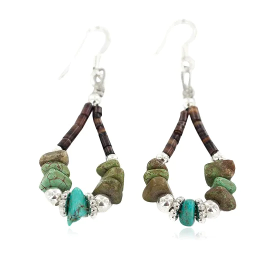 .925 Sterling Silver Hooks Certified Authentic Navajo Natural Turquoise Heishi Hoop Native American Earrings 18263-3
