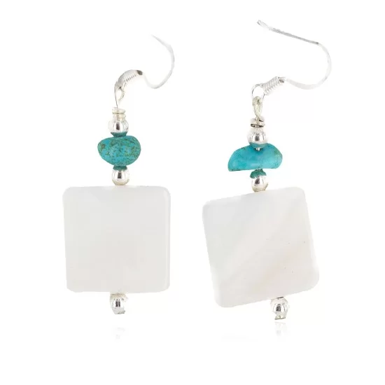.925 Sterling Silver Hooks Certified Authentic Navajo Natural Turquoise Mother Of Pearl Native American Dangle Earrings 18254-4 .925 Sterling Silver Hooks Certified Authentic Navajo Natural Turquoise Mother Of Pearl Native American Dangle Earrings 18254-4