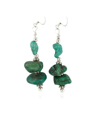 .925 Sterling Silver Hooks Certified Authentic Navajo Natural Turquoise Native American Dangle Earrings 18294-1
