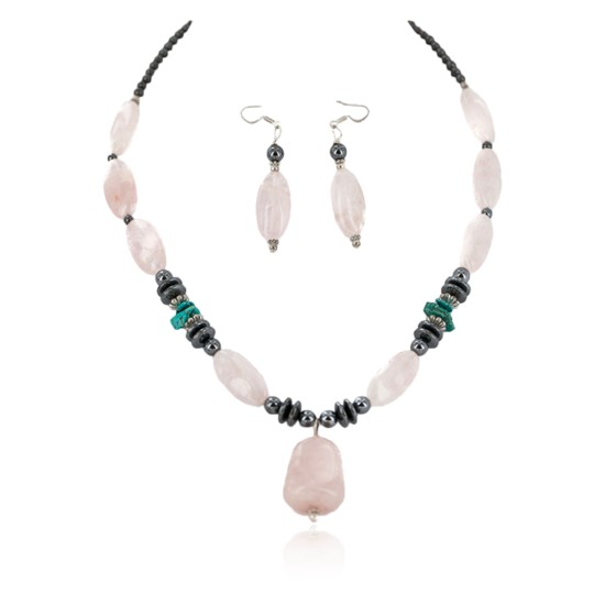 .925 Sterling Silver Hooks Certified Authentic Navajo Natural Turquoise Pink Quartz and Hematite Native American Set 18234-2-18239-2 Clearance NB160406235520 18234-2-18239-2 (by LomaSiiva)