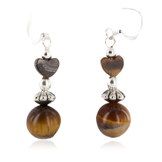 .925 Sterling Silver Hooks Heart Certified Authentic Navajo Natural Tigers Eye Native American Dangle Earrings 18290-3