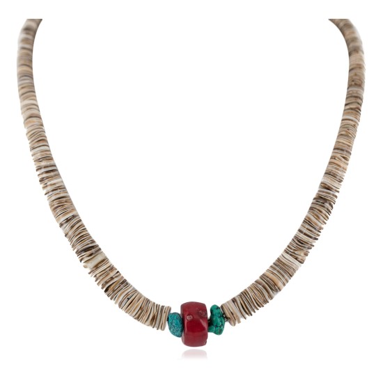 .925 Sterling Silver Navajo Certified Authentic Coral and Natural Graduated Heishi Native American Necklace 95004-6 .925 Sterling Silver Navajo Certified Authentic Coral and Natural Graduated Heishi Native American Necklace 95004-6