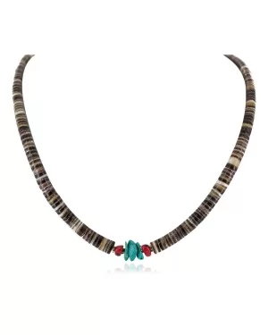 .925 Sterling Silver Navajo Certified Authentic Coral and Natural Turquoise Graduated Heishi Native American Necklace 95004-4