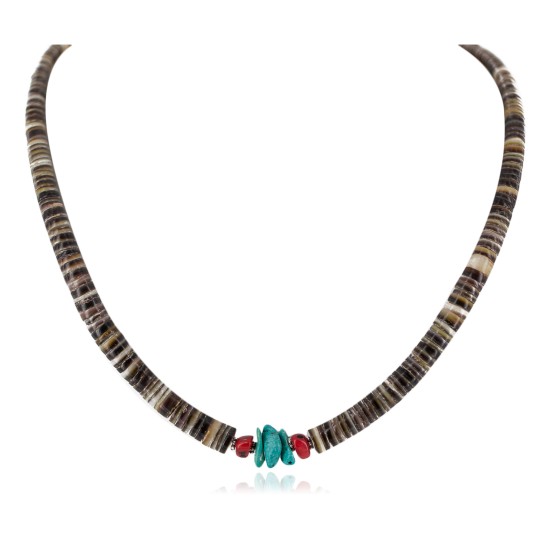 .925 Sterling Silver Navajo Certified Authentic Coral and Natural Turquoise Graduated Heishi Native American Necklace 95004-4