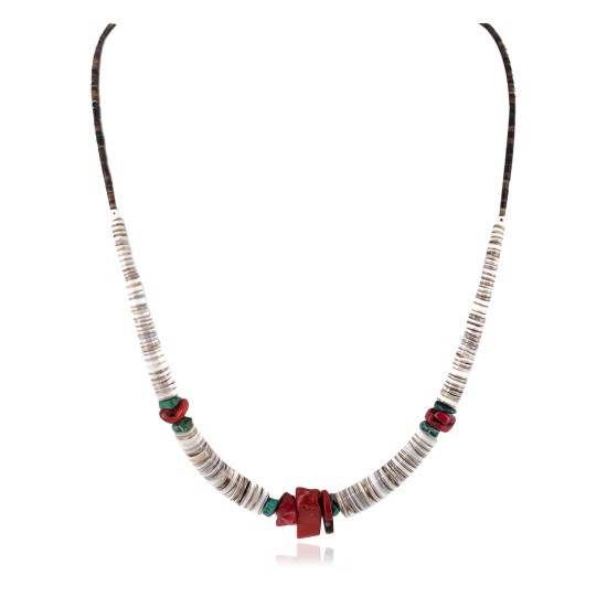 .925 Sterling Silver Navajo Certified Authentic Coral and Natural Turquoise Graduated Heishi Native American Necklace 95005