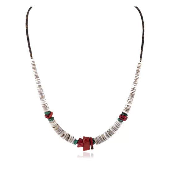 .925 Sterling Silver Navajo Certified Authentic Coral and Natural Turquoise Graduated Heishi Native American Necklace 95005