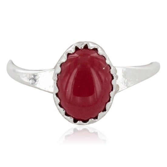 .925 Sterling Silver Navajo Certified Authentic Handmade Coral Native American Ring Size 8 1/4 24507-3
