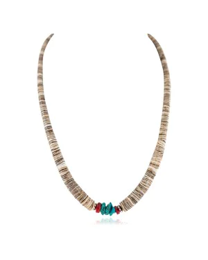 .925 Sterling Silver Navajo Certified Authentic Natural Turquoise Graduated Heishi Coral Native American Necklace 95004-3