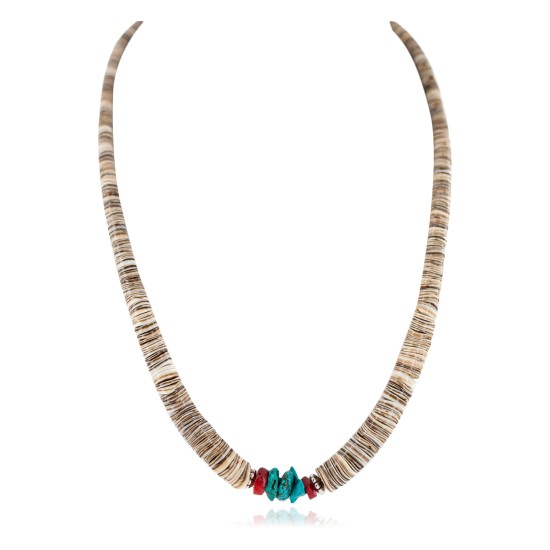 .925 Sterling Silver Navajo Certified Authentic Natural Turquoise Graduated Heishi Coral Native American Necklace 95004-3