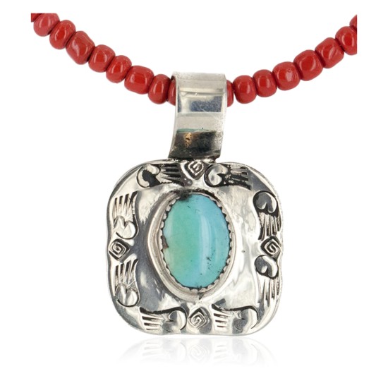 .925 Sterling Silver Nickel Handmade Certified Authentic Navajo Natural Turquoise Coral Native American Necklace 12811-3-16083-8