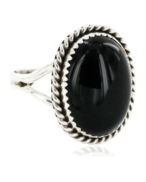 .925 Sterling Silver Oval Handmade Certified Authentic Navajo Natural Black Onyx Native American Ring  12831-3