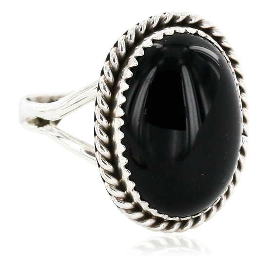 .925 Sterling Silver Oval Handmade Certified Authentic Navajo Natural Black Onyx Native American Ring  12831-3