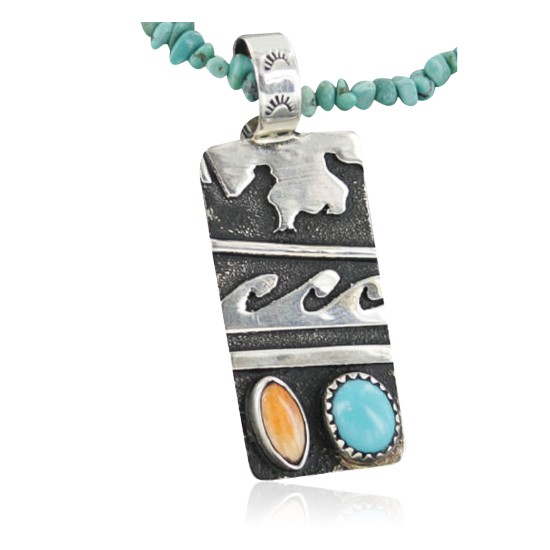 .925 Sterling Silver Sterling Handmade Wave Certified Authentic Navajo Turquoise Native American Necklace 390669103032