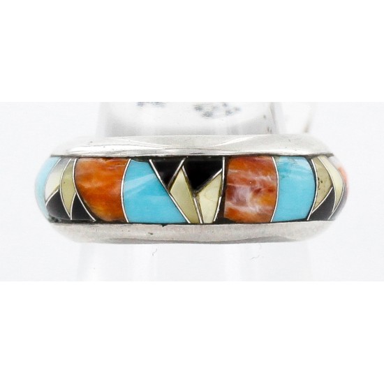 Handmade Signed Certified Authentic Navajo Inlaid .925 Sterling Silver Natural Turquoise Black Onyx Spiny Oyster and Mother of Pearl Native American Ring 16710 Handmade Signed Certified Authentic Navajo Inlaid .925 Sterling Silver Natural Turquoise Black Onyx Spiny Oyster and Mother of Pearl Native American Ring 16710