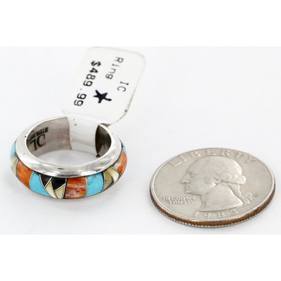 Handmade Signed Certified Authentic Navajo Inlaid .925 Sterling Silver Natural Turquoise Black Onyx Spiny Oyster and Mother of Pearl Native American Ring 16710 Handmade Signed Certified Authentic Navajo Inlaid .925 Sterling Silver Natural Turquoise Black Onyx Spiny Oyster and Mother of Pearl Native American Ring 16710