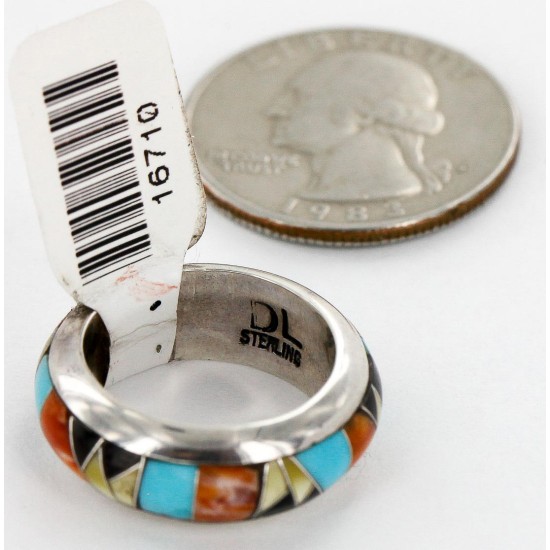Handmade Signed Certified Authentic Navajo Inlaid .925 Sterling Silver Natural Turquoise Black Onyx Spiny Oyster and Mother of Pearl Native American Ring 16710 Handmade Signed Certified Authentic Navajo Inlaid .925 Sterling Silver Natural Turquoise Black Onyx Spiny Oyster and Mother of Pearl Native American Ring 16710