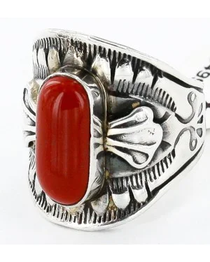 Handmade Certified Authentic Navajo .925 Sterling Silver Coral Native American Ring  17906