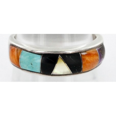 Handmade Certified Authentic Navajo Inlaid .925 Sterling Silver Natural Turquoise Black Onyx Spiny Oyster and Mother of Pearl Native American Ring 16784 Handmade Certified Authentic Navajo Inlaid .925 Sterling Silver Natural Turquoise Black Onyx Spiny Oyster and Mother of Pearl Native American Ring 16784