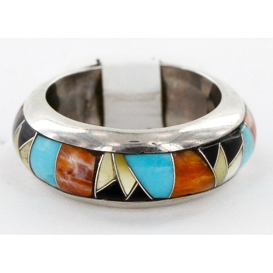 Handmade Signed Certified Authentic Navajo Inlaid .925 Sterling Silver Natural Turquoise Black Onyx Spiny Oyster and Mother of Pearl Native American Ring 16710 Handmade Signed Certified Authentic Navajo Inlaid .925 Sterling Silver Natural Turquoise Black Onyx Spiny Oyster and Mother of Pearl Native American Ring 16710