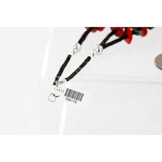 Certified Authentic 2 Strand Navajo .925 Sterling Silver Natural Turquoise and Coral Native American Necklace 750175