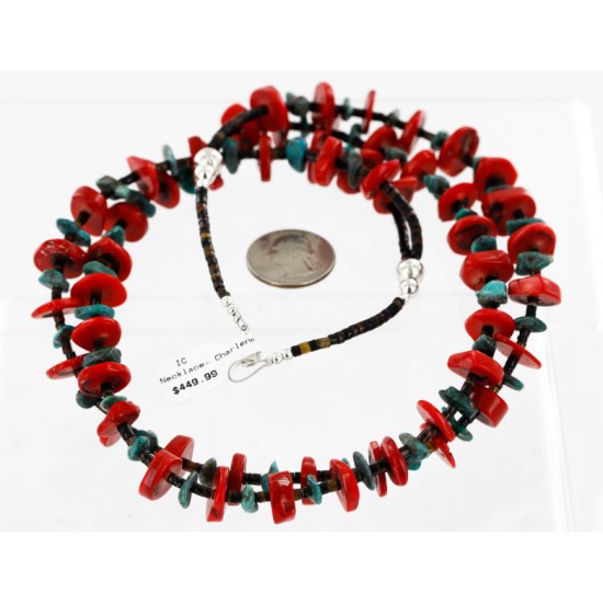 Certified Authentic 2 Strand Navajo .925 Sterling Silver Natural Turquoise and Coral Native American Necklace 750175