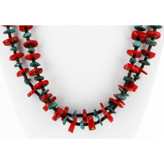 Certified Authentic 2 Strand Navajo .925 Sterling Silver Natural Turquoise and Coral Native American Necklace 750175