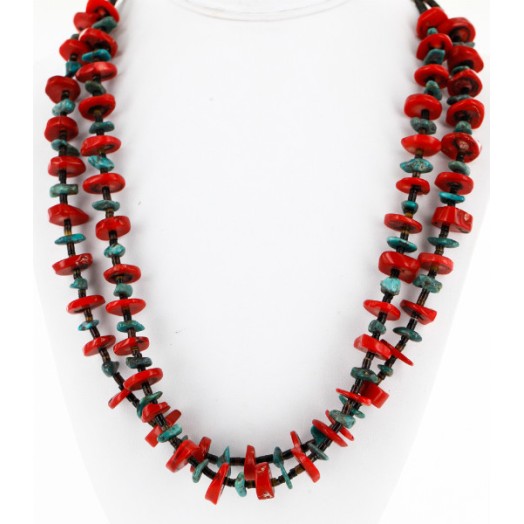 Certified Authentic 2 Strand Navajo .925 Sterling Silver Natural Turquoise and Coral Native American Necklace 750175