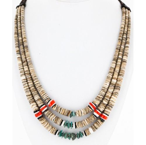 3 Strand Certified Authentic Navajo .925 Sterling Silver Turquoise Coral Spiny Oyster and Graduated Heishi Native American Necklace 15931-7 3 Strand Certified Authentic Navajo .925 Sterling Silver Turquoise Coral Spiny Oyster and Graduated Heishi Native American Necklace 15931-7