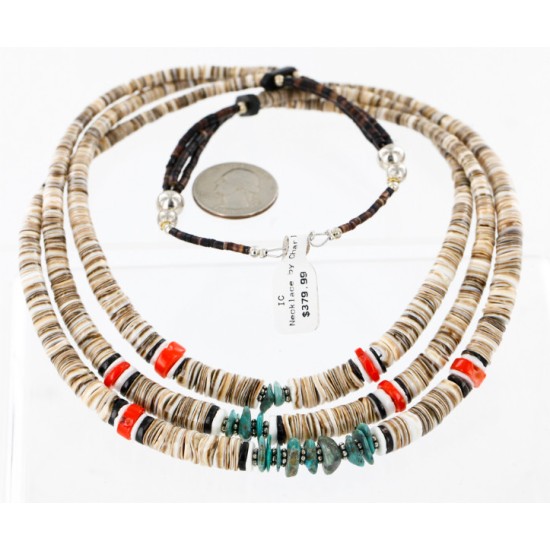 3 Strand Certified Authentic Navajo .925 Sterling Silver Turquoise Coral Spiny Oyster and Graduated Heishi Native American Necklace 15931-7 3 Strand Certified Authentic Navajo .925 Sterling Silver Turquoise Coral Spiny Oyster and Graduated Heishi Native American Necklace 15931-7