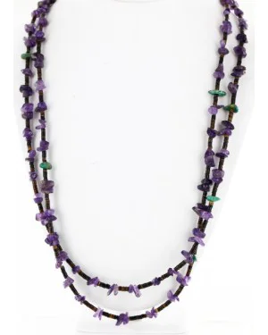 Certified Authentic 2 Strand Navajo .925 Sterling Silver Turquoise and AMETHYST Native American Necklace 16011