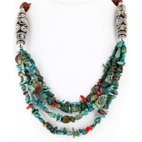 Certified Authentic 4 Strand Navajo .925 Sterling Silver and Turquoise and Coral Native American Necklace 15958 Certified Authentic 4 Strand Navajo .925 Sterling Silver and Turquoise and Coral Native American Necklace 15958