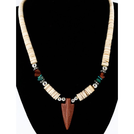 $280 Certified Authentic Navajo .925 Sterling Silver Graduated Melon Shell and Turquoise and Goldstone Native American Necklace 750142 All Products 371168573707 750142 (by LomaSiiva)