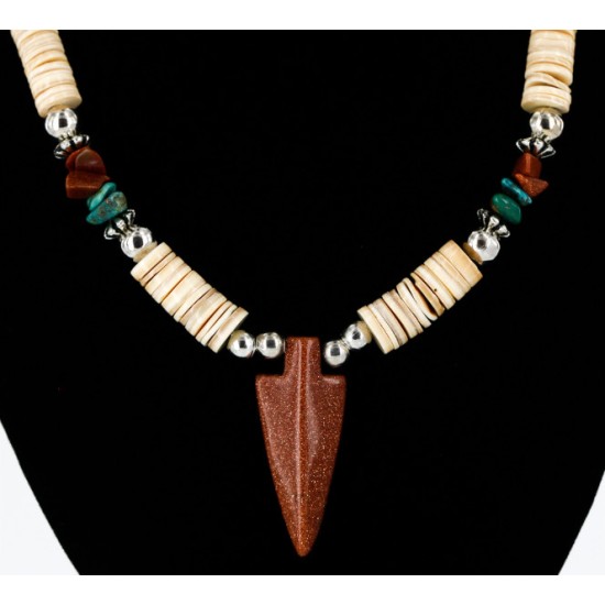 $280 Certified Authentic Navajo .925 Sterling Silver Graduated Melon Shell and Turquoise and Goldstone Native American Necklace 750142 All Products 371168573707 750142 (by LomaSiiva)
