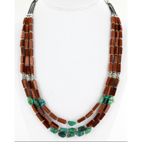 Certified Authentic 3 Strand Navajo .925 Sterling Silver Turquoise and Goldstone Native American Necklace 750169 Certified Authentic 3 Strand Navajo .925 Sterling Silver Turquoise and Goldstone Native American Necklace 750169