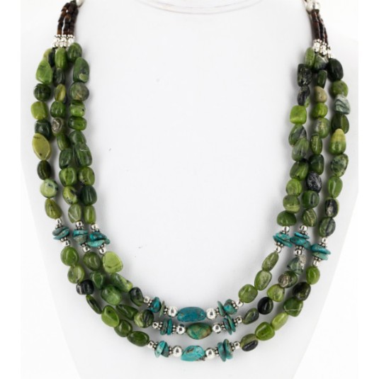 Certified Authentic 3 Strand Navajo .925 Sterling Silver Turquoise and Jade Native American Necklace 750170
