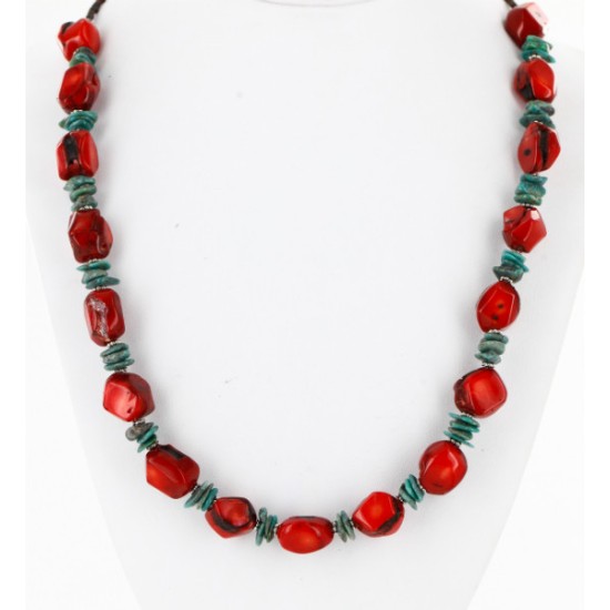 Certified Authentic Navajo .925 Sterling Silver Natural Turquoise Coral Native American Necklace 15998 Certified Authentic Navajo .925 Sterling Silver Natural Turquoise Coral Native American Necklace 15998