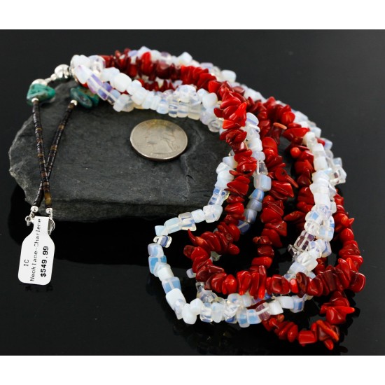 Certified Authentic 4 Strand Navajo .925 Sterling Silver Turquoise Coral and Opalite Native American Necklace 16003