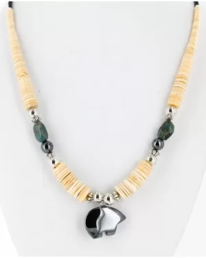 Certified Authentic Bear Navajo Native .925 Sterling Silver Graduated Heishi Turquoise and Hematite Native American Necklace 25245