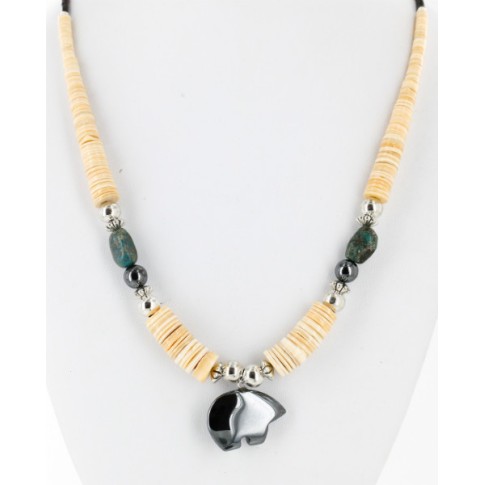 Certified Authentic Bear Navajo Native .925 Sterling Silver Graduated Heishi Turquoise and Hematite Native American Necklace 25245 Certified Authentic Bear Navajo Native .925 Sterling Silver Graduated Heishi Turquoise and Hematite Native American Necklace 25245
