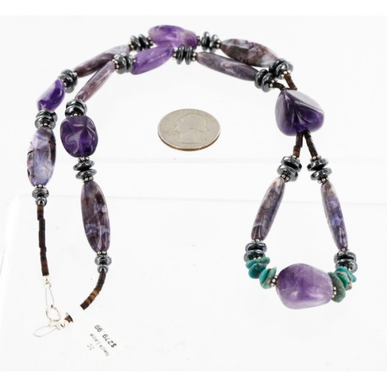 Certified Authentic Navajo .925 Sterling Silver Natural PURPLE AGATE AMETHYST TURQUOISE AND HEMATITE Native American Necklace 16001 Certified Authentic Navajo .925 Sterling Silver Natural PURPLE AGATE AMETHYST TURQUOISE AND HEMATITE Native American Necklace 16001