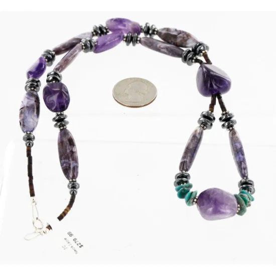 Certified Authentic Navajo .925 Sterling Silver Natural PURPLE AGATE AMETHYST TURQUOISE AND HEMATITE Native American Necklace 16001 Certified Authentic Navajo .925 Sterling Silver Natural PURPLE AGATE AMETHYST TURQUOISE AND HEMATITE Native American Necklace 16001