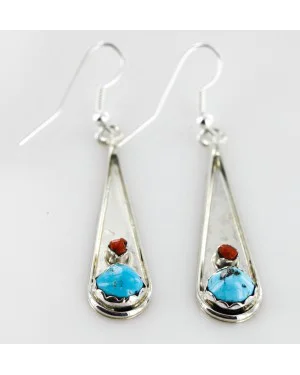$180 Certified Authentic Navajo .925 Sterling Silver Natural Turquoise Coral Native American Earrings 18079-3 $180 Certified Authentic Navajo .925 Sterling Silver Natural Turquoise Coral Native American Earrings 18079-3