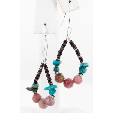 Certified Authentic Navajo .925 Sterling Silver Hooks Natural Turquoise Pink Agate HEISHI HOOP Native American Earrings 18081-2 Certified Authentic Navajo .925 Sterling Silver Hooks Natural Turquoise Pink Agate HEISHI HOOP Native American Earrings 18081-2