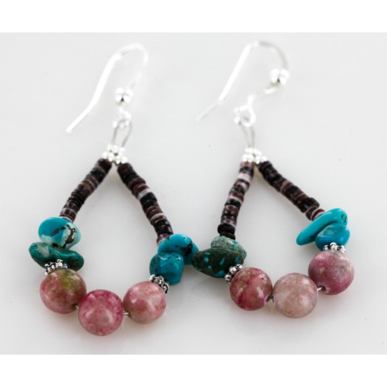 Certified Authentic Navajo .925 Sterling Silver Hooks Natural Turquoise Pink Agate HEISHI HOOP Native American Earrings 18081-2 Certified Authentic Navajo .925 Sterling Silver Hooks Natural Turquoise Pink Agate HEISHI HOOP Native American Earrings 18081-2