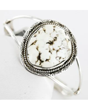 Handmade Certified Authentic Navajo .925 Sterling Silver WHITE Buffalo Turquoise Native American Bracelet 12656